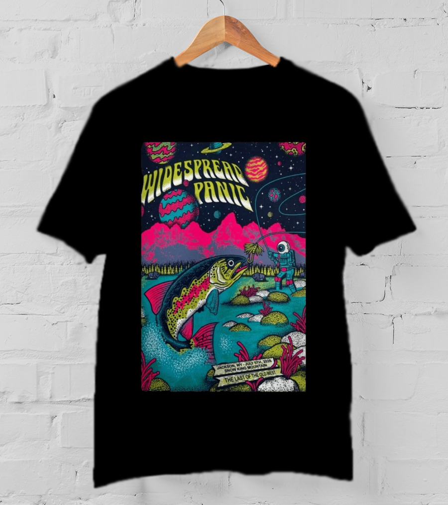Widespread Panic Jul 5 2026 Snow King Mountain Jackson WY Cosmic Fishing Astronaut And Giant Fish Fantasy Scene T-Shirt