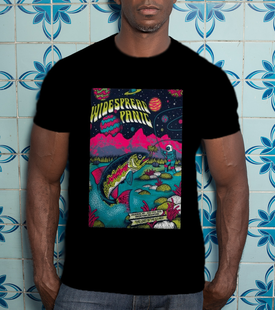 Widespread Panic Jul 5 2026 Snow King Mountain Jackson WY Cosmic Fishing Astronaut And Giant Fish Fantasy Scene T-Shirt