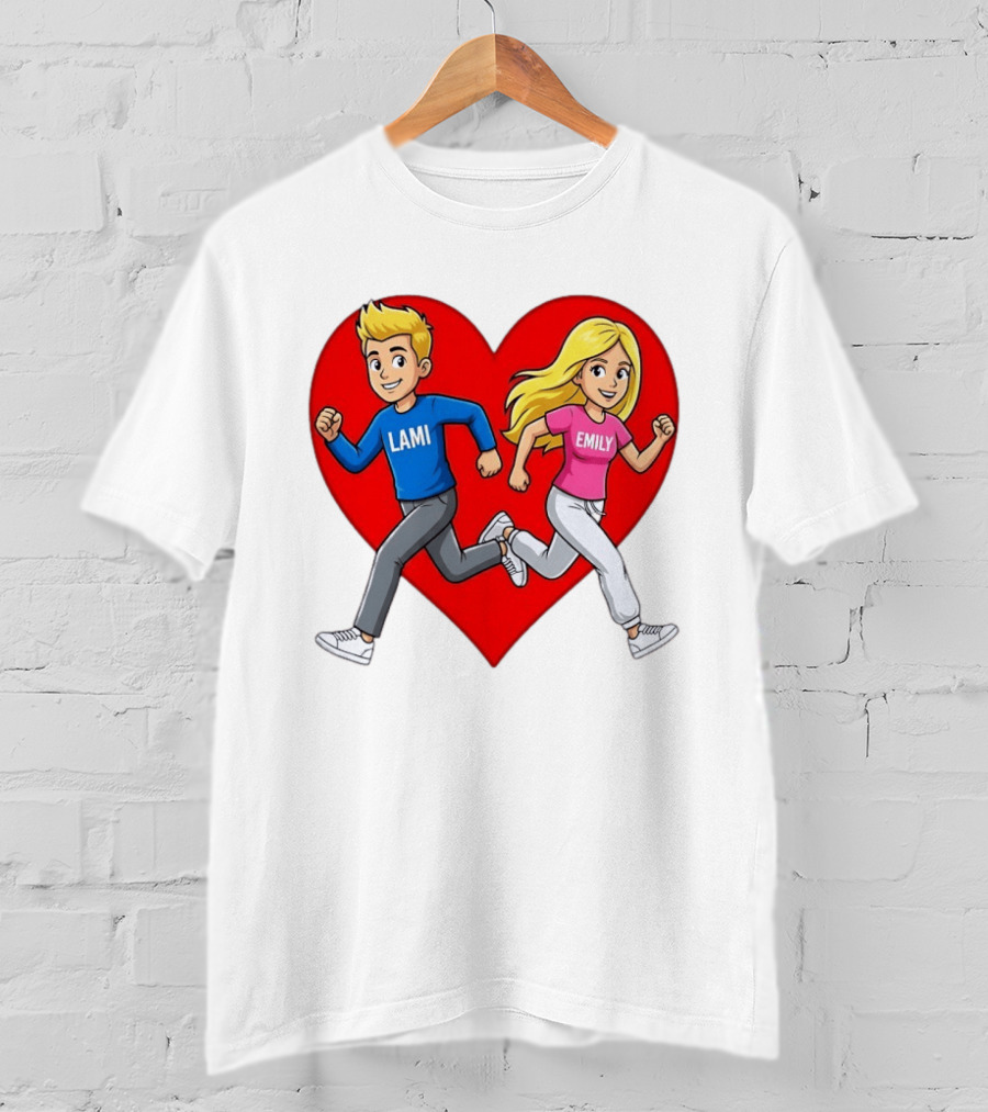 Lami And Emily Cartoon Couple Running With Heart T-Shirt