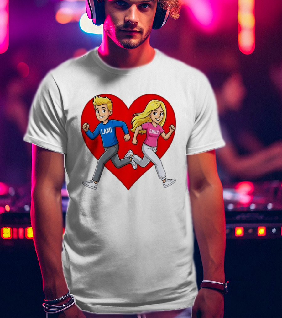 Lami And Emily Cartoon Couple Running With Heart T-Shirt