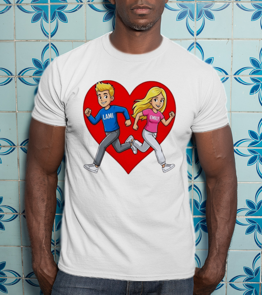 Lami And Emily Cartoon Couple Running With Heart T-Shirt