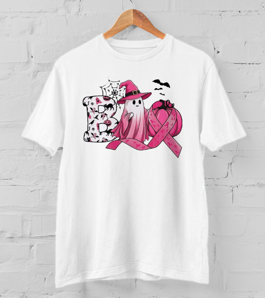 Boo Ghost Witch Pink Breast Cancer Ribbon Halloween Pumpkin T-Shirt
