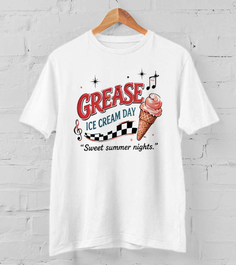 Grease Ice Cream Day Sweet Summer Nights Ice Cream Cone Music Notes Stars T-Shirt