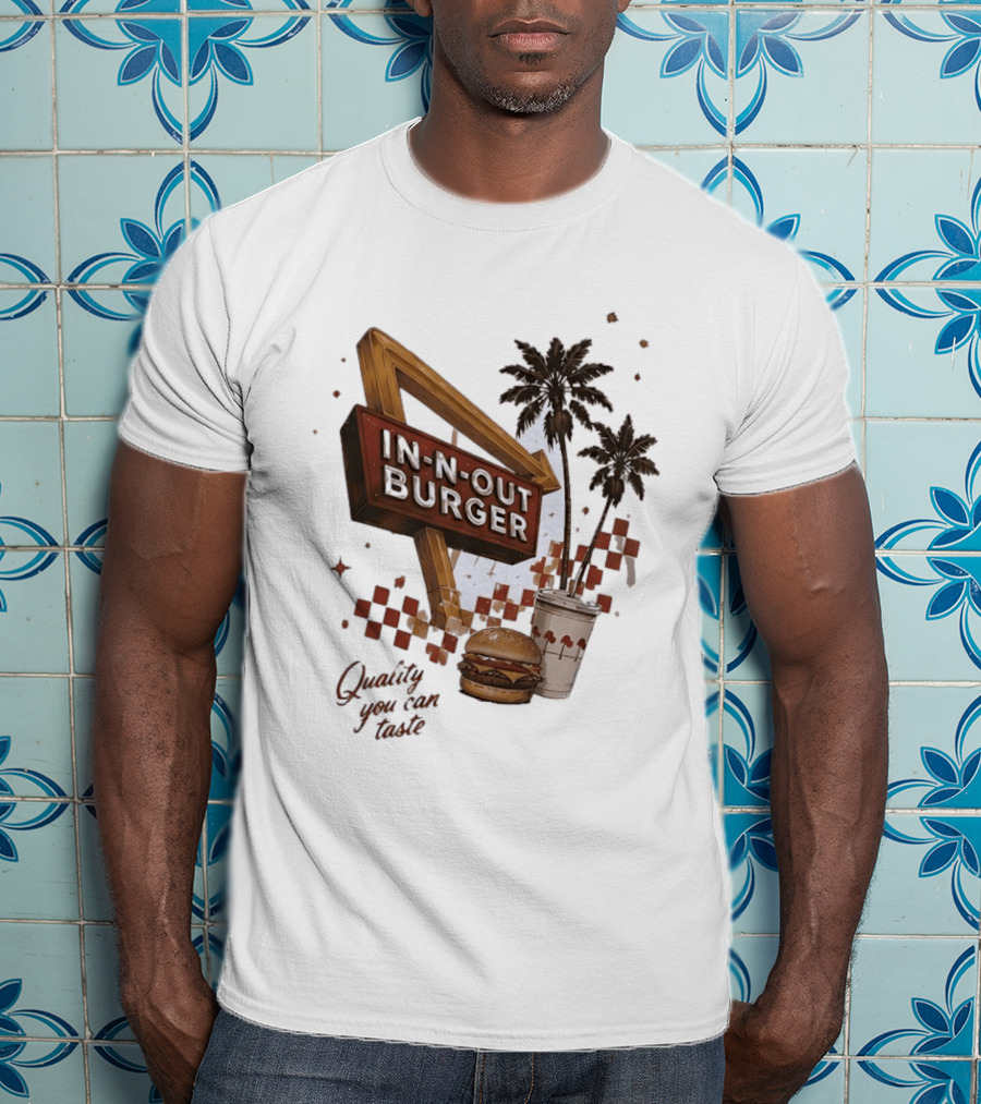 IN N OUT Burger Quality You Can Taste Sign With Palm Trees And Checkered T-Shirt