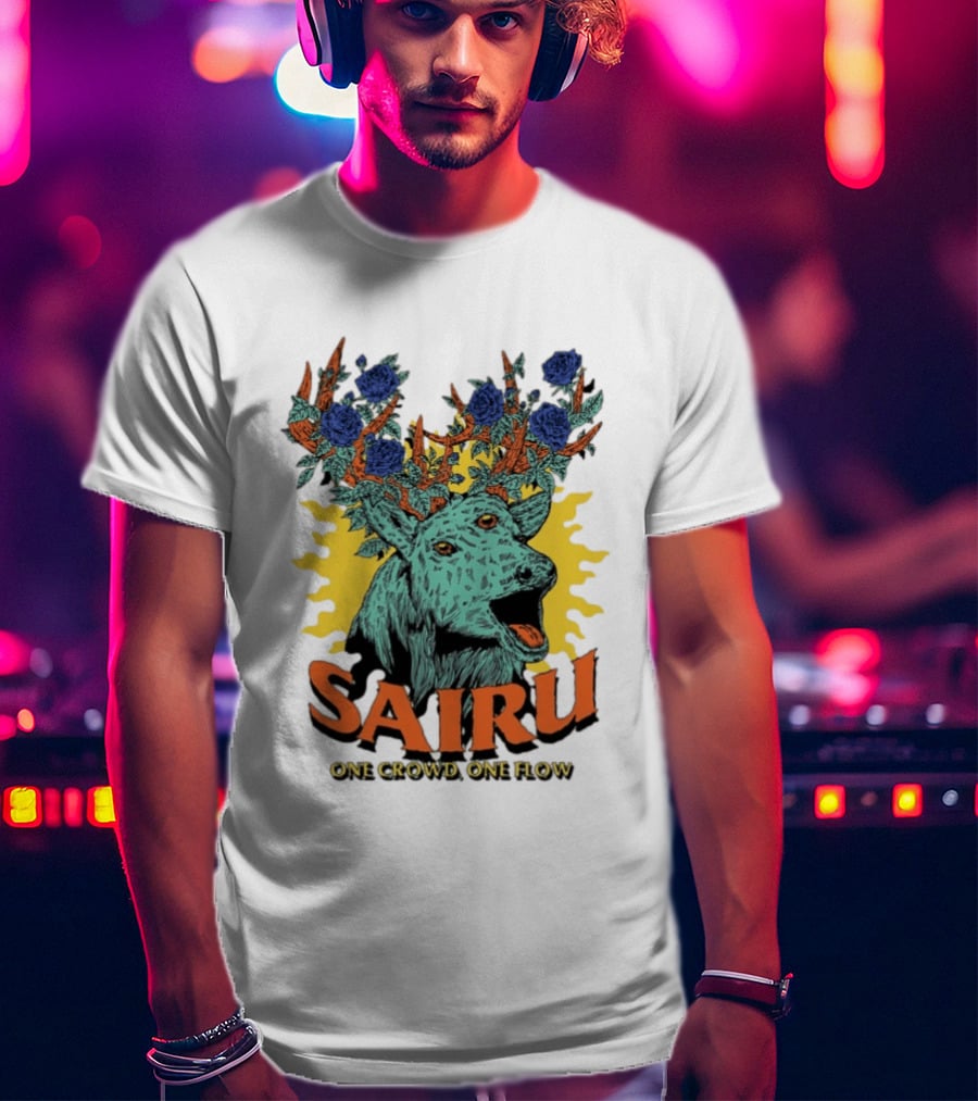 Sairu One Crowd One Flow Deer With Blue Roses Horns T-Shirt