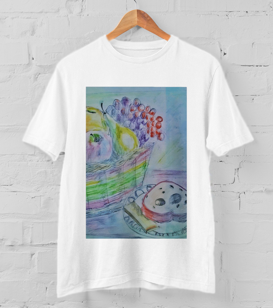 Fruit Basket Bagel Still Life Drawing Pears Apples Grapes Bread T-Shirt