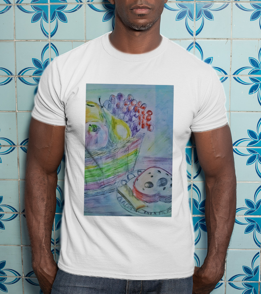 Fruit Basket Bagel Still Life Drawing Pears Apples Grapes Bread T-Shirt