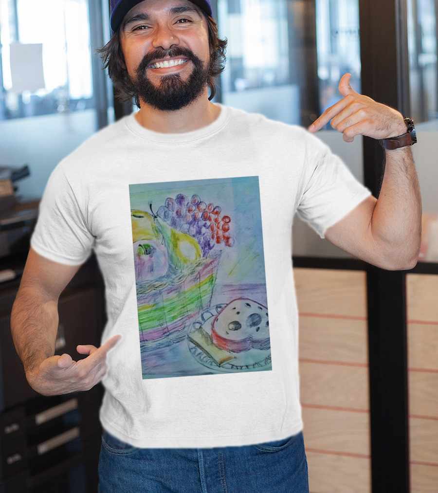 Fruit Basket Bagel Still Life Drawing Pears Apples Grapes Bread T-Shirt