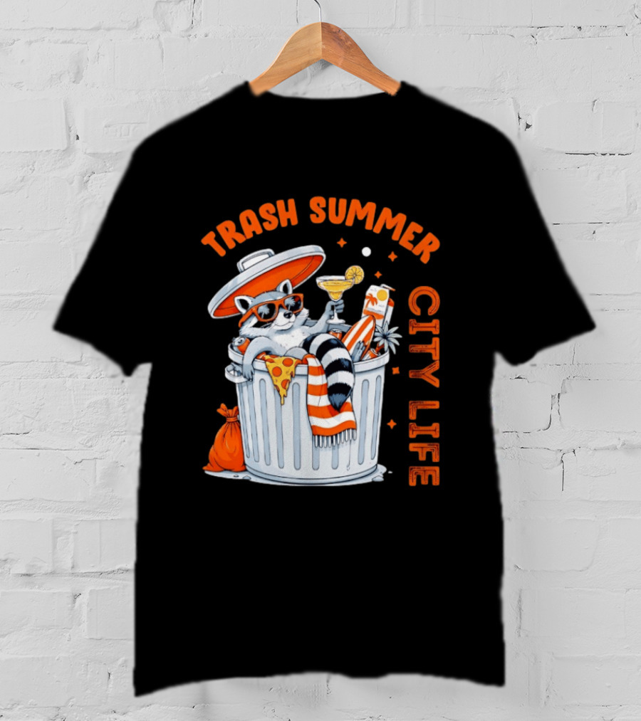 Trash Summer City Life Raccoon Enjoying Urban Vibes With Pizza And Martini T-Shirt