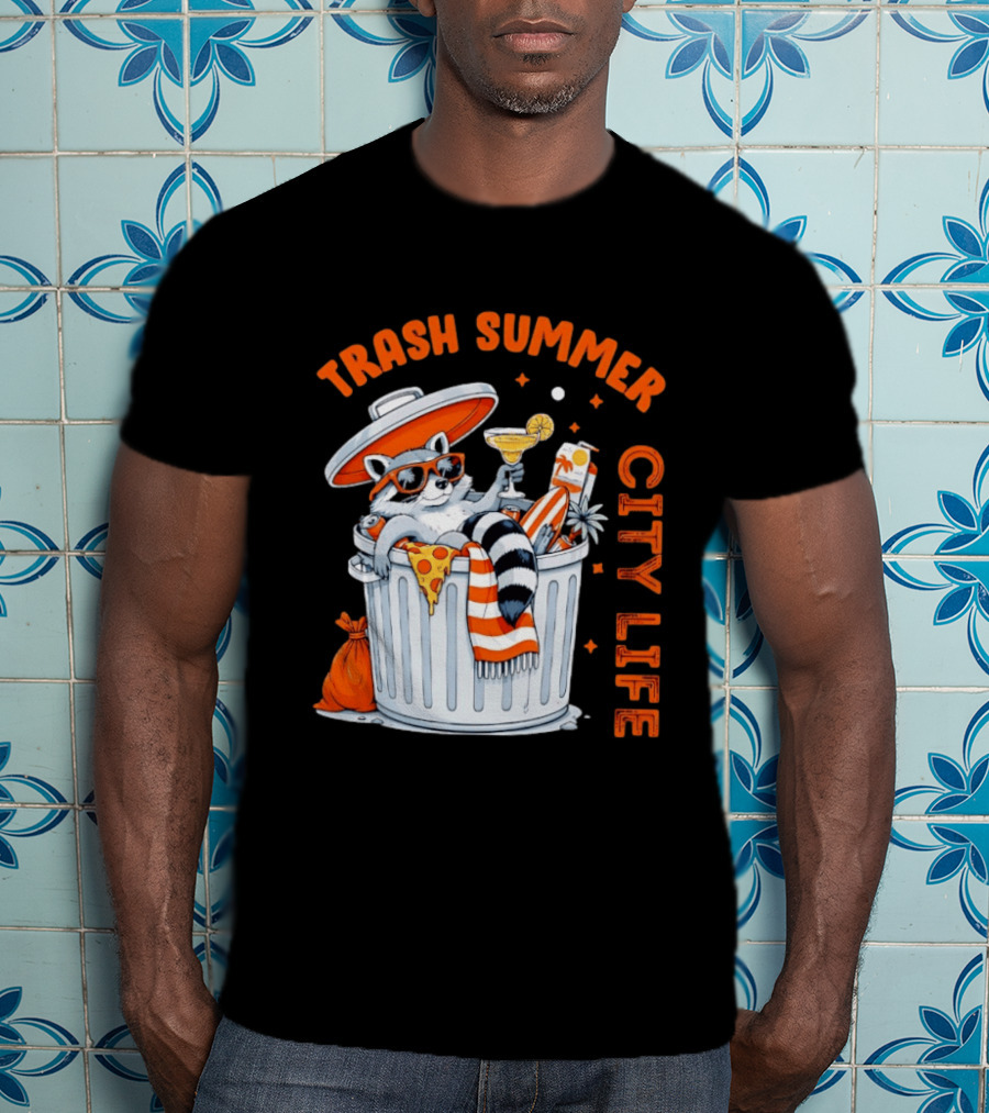 Trash Summer City Life Raccoon Enjoying Urban Vibes With Pizza And Martini T-Shirt