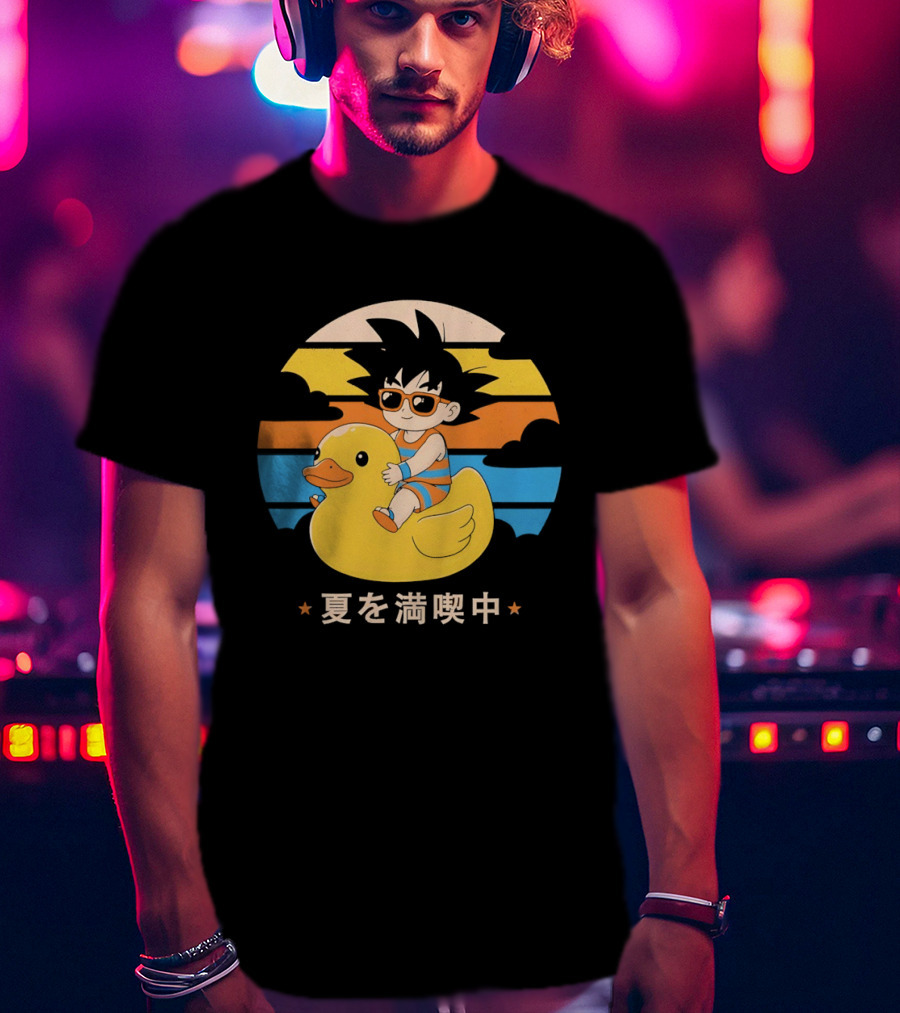 Young Goku Riding Rubber Duck At Sunset Enjoying Summer T-Shirt