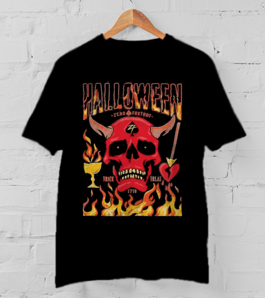 Zero Foxtrot Halloween No Quarter Flaming Demon Skull T-Shirt