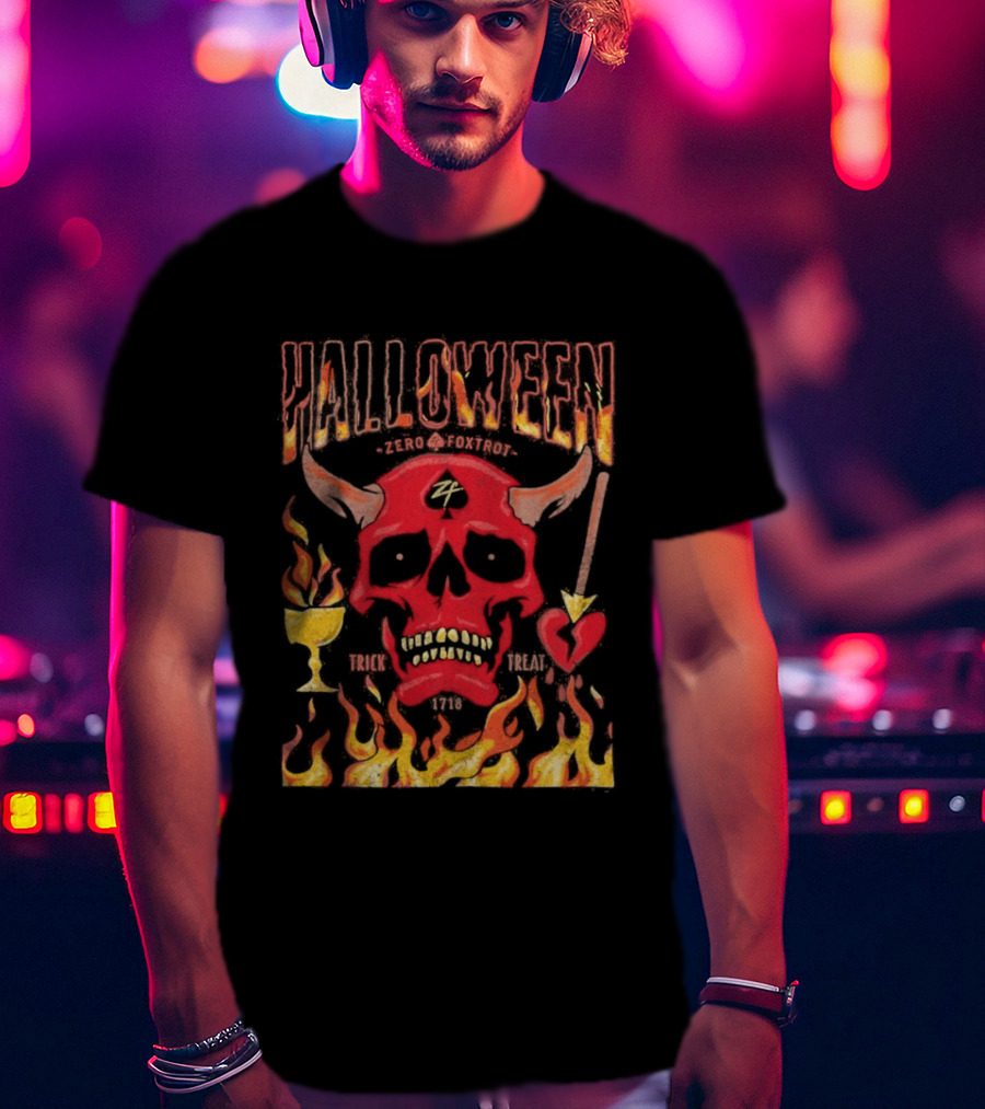 Zero Foxtrot Halloween No Quarter Flaming Demon Skull T-Shirt