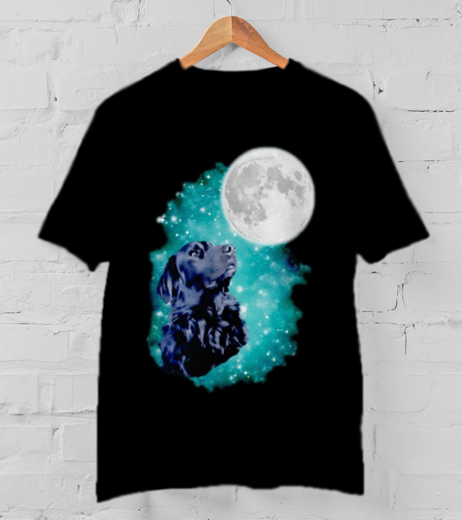 Black Dog Under Moon In Galaxy Space T-Shirt