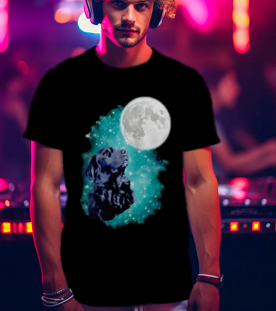 Black Dog Under Moon In Galaxy Space T-Shirt