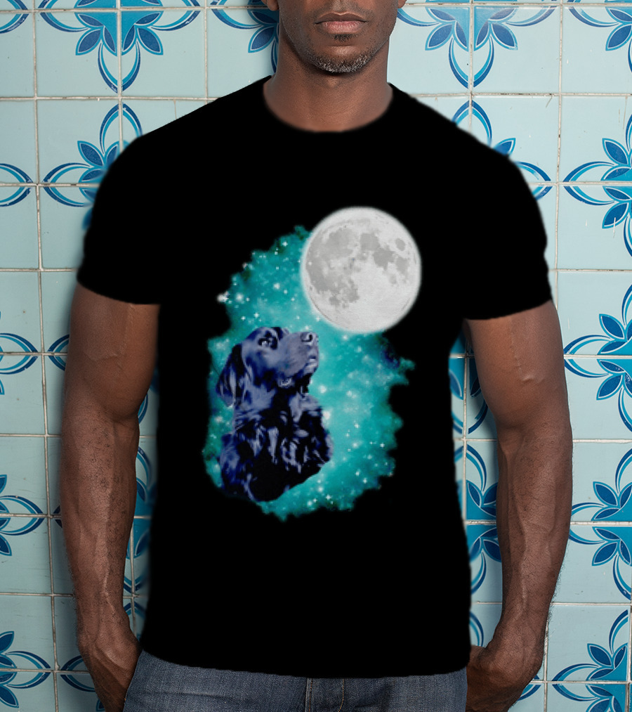 Black Dog Under Moon In Galaxy Space T-Shirt