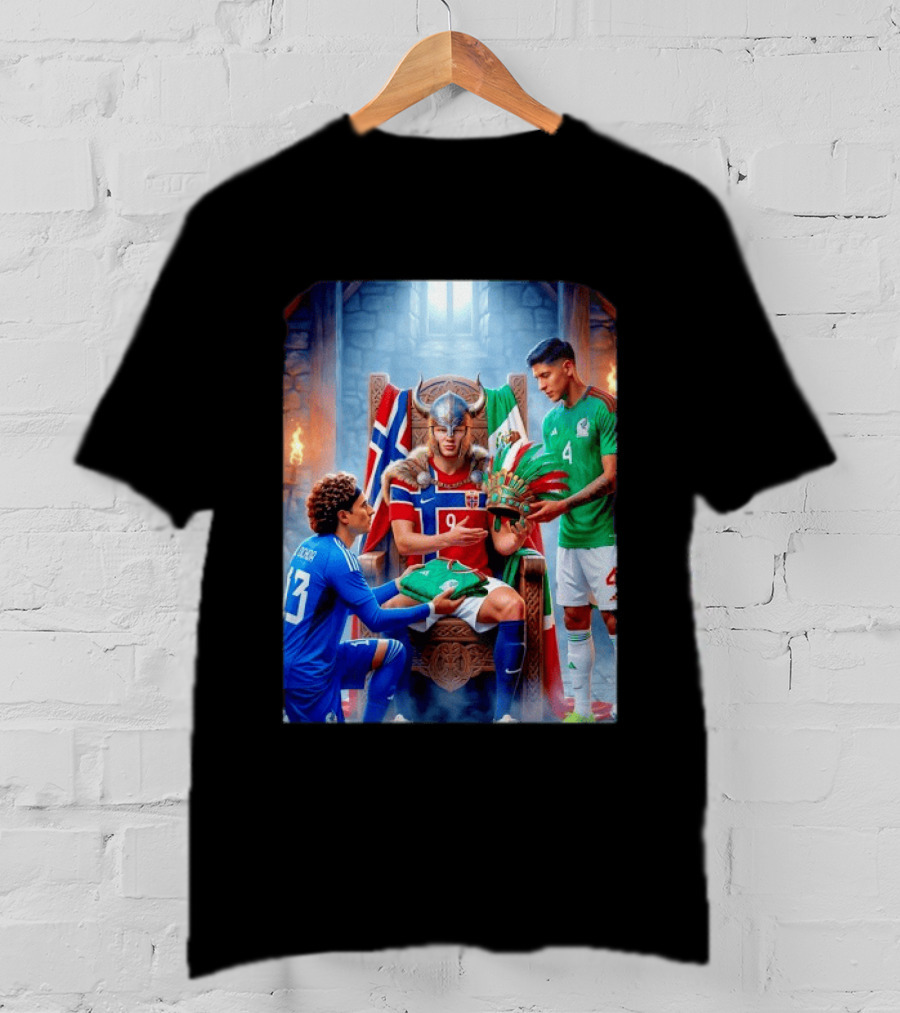 Guillermo Ochoa And Johan Vasquez Offering Mexico Jersey To Viking Erling Haaland With Norway Flag In Throne Room T-Shirt