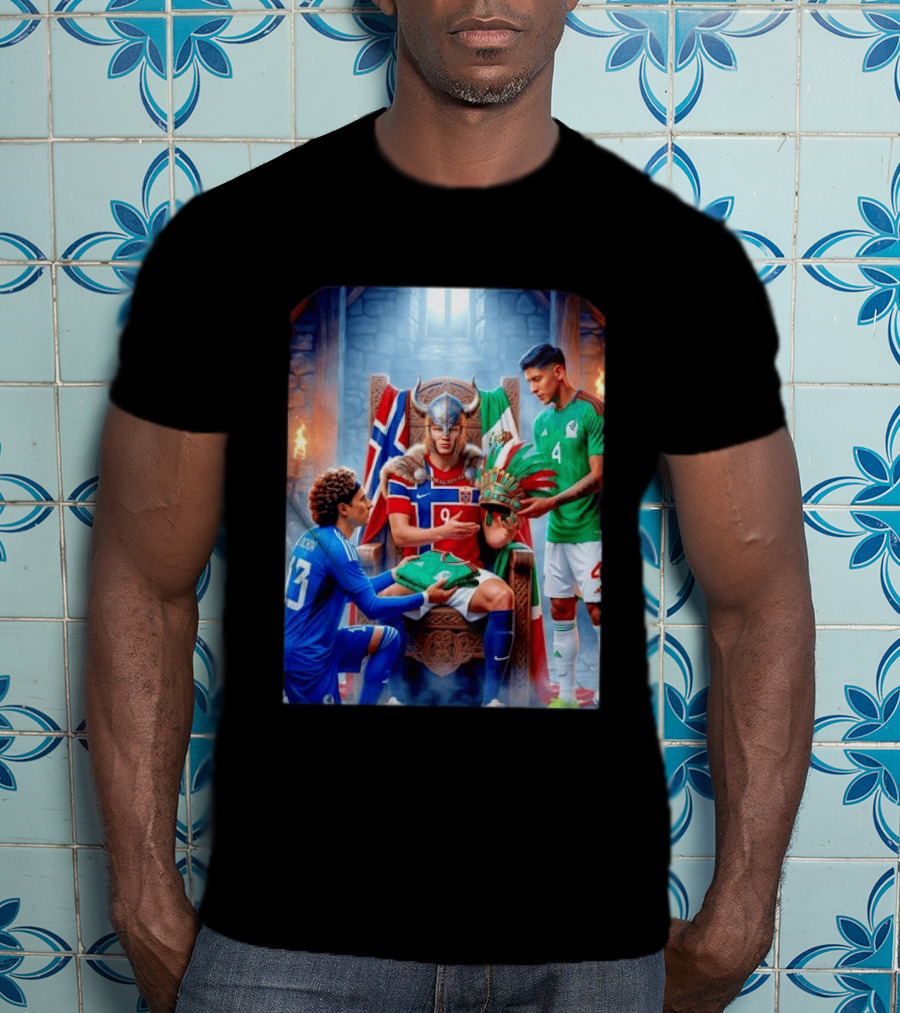 Guillermo Ochoa And Johan Vasquez Offering Mexico Jersey To Viking Erling Haaland With Norway Flag In Throne Room T-Shirt