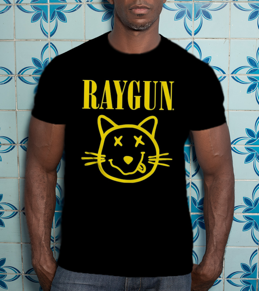 Raygun Smiley Cat Face Neon Yellow Quirky Expression T-Shirt