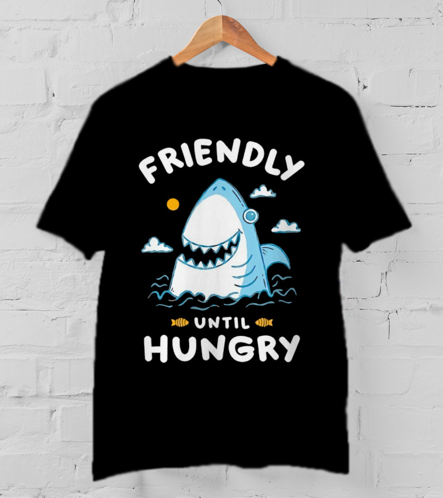 Friendly Shark Grinning Until Hungry Cloudy Ocean Scene T-Shirt