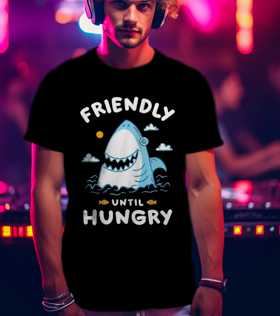 Friendly Shark Grinning Until Hungry Cloudy Ocean Scene T-Shirt