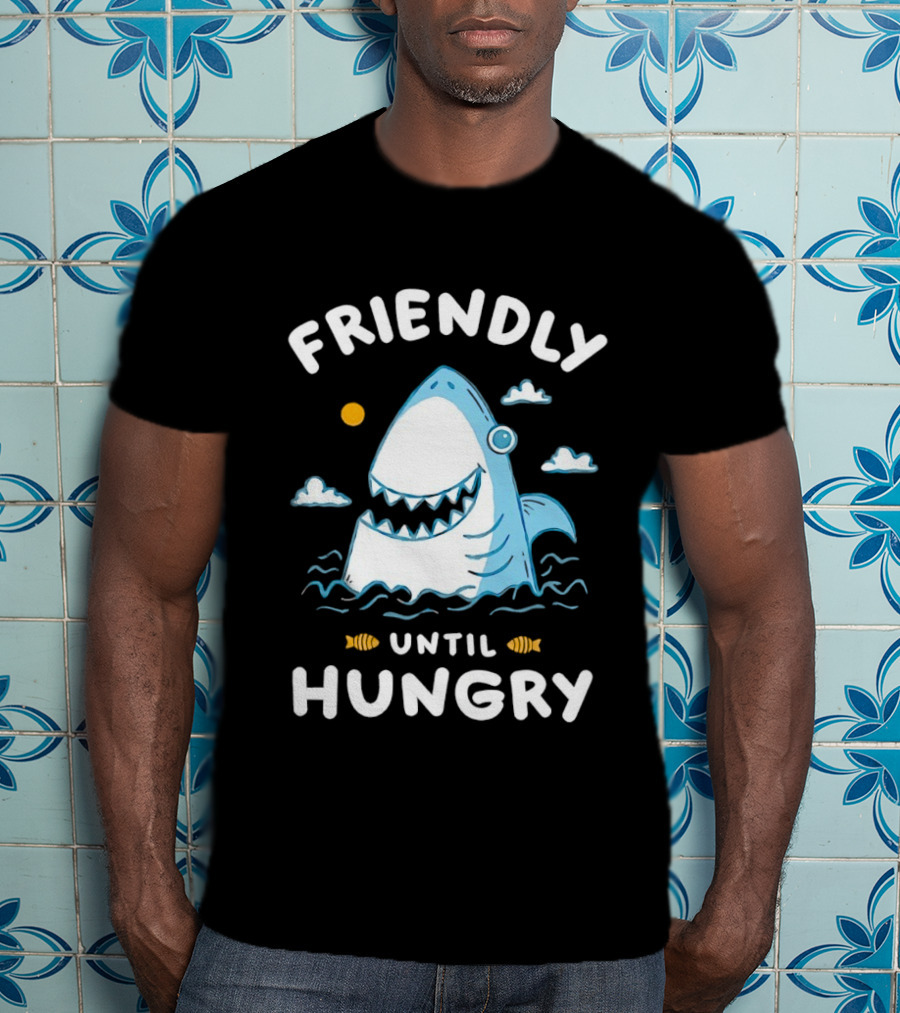 Friendly Shark Grinning Until Hungry Cloudy Ocean Scene T-Shirt