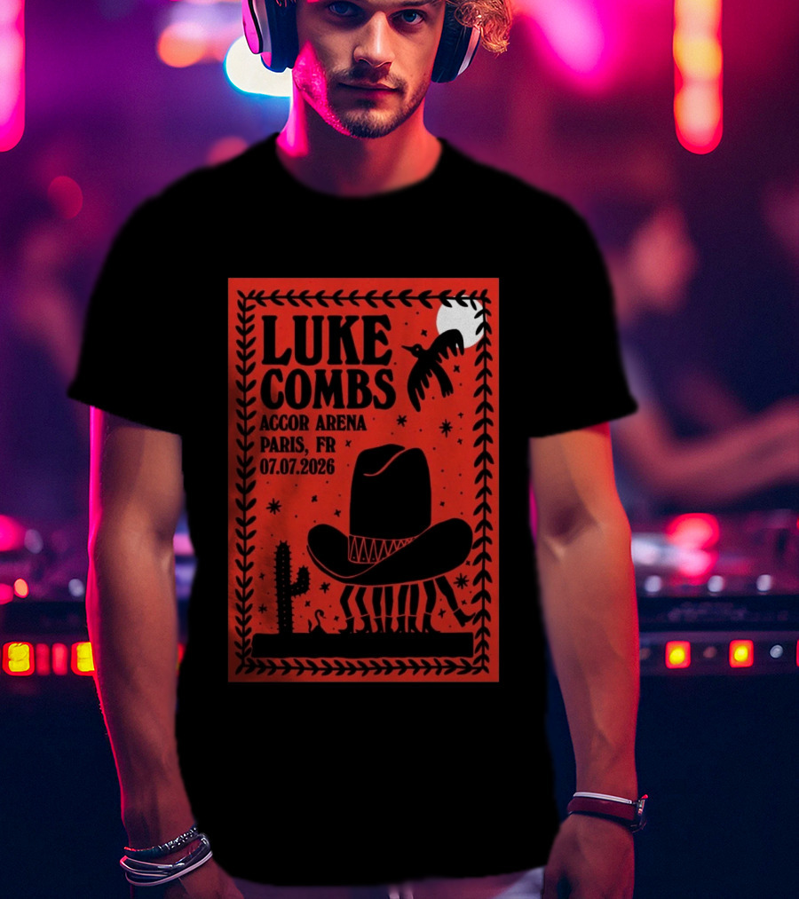 Luke Combs Accor Arena Paris FR 07.07.2026 Cowboy Hat Cactus Moon Desert Scene T-Shirt