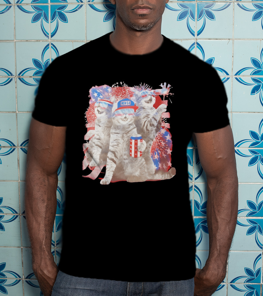 Mew's A Patriotic American Flag Cats Fireworks Party Animal Holiday USA T-Shirt