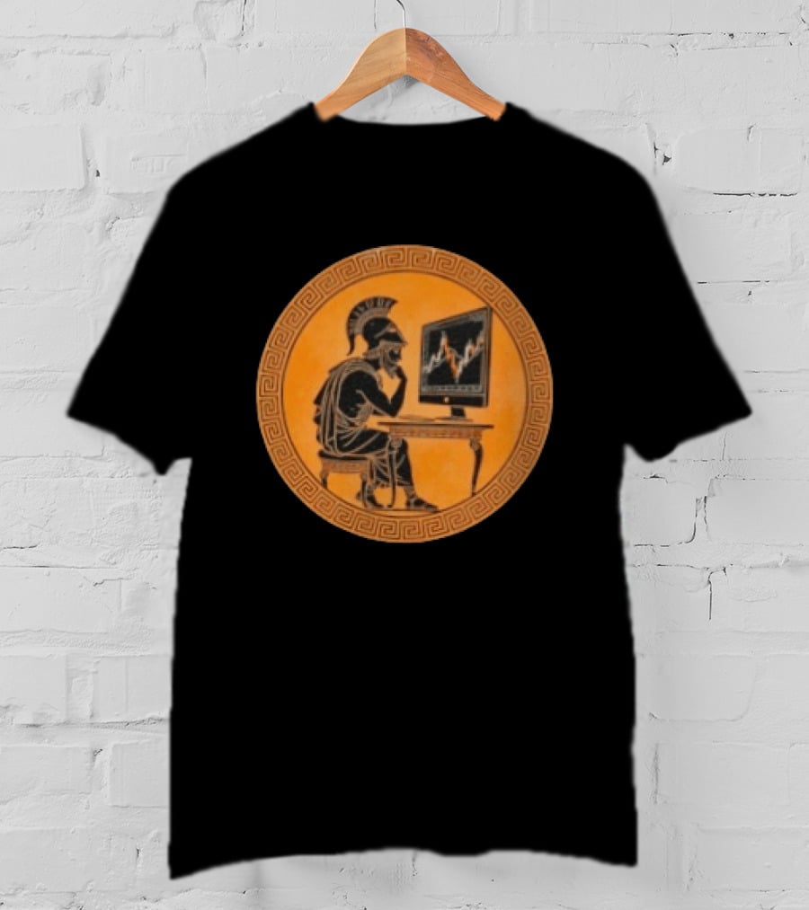 Greek Warrior Analyzing Stock Charts With Ancient Trader Flair T-Shirt