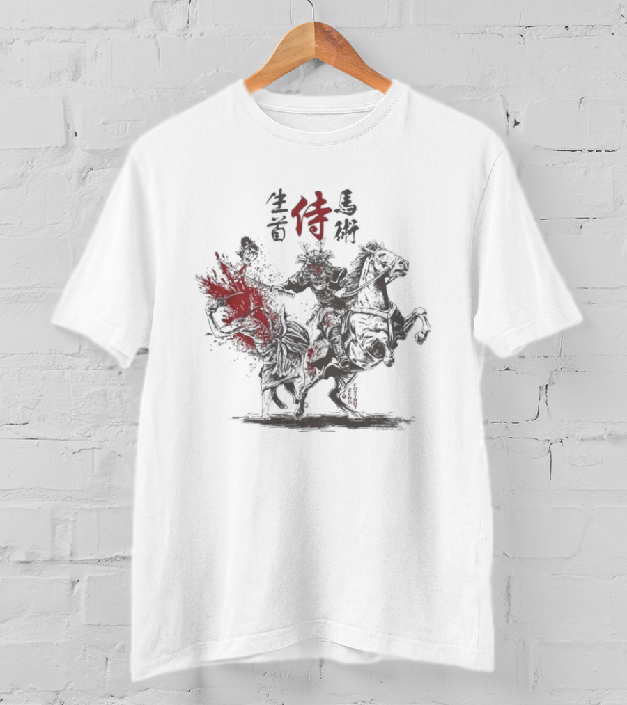 Zero Foxtrot Namakubi Bajutsu Samurai Riding Warrior With Red Kanji T-Shirt