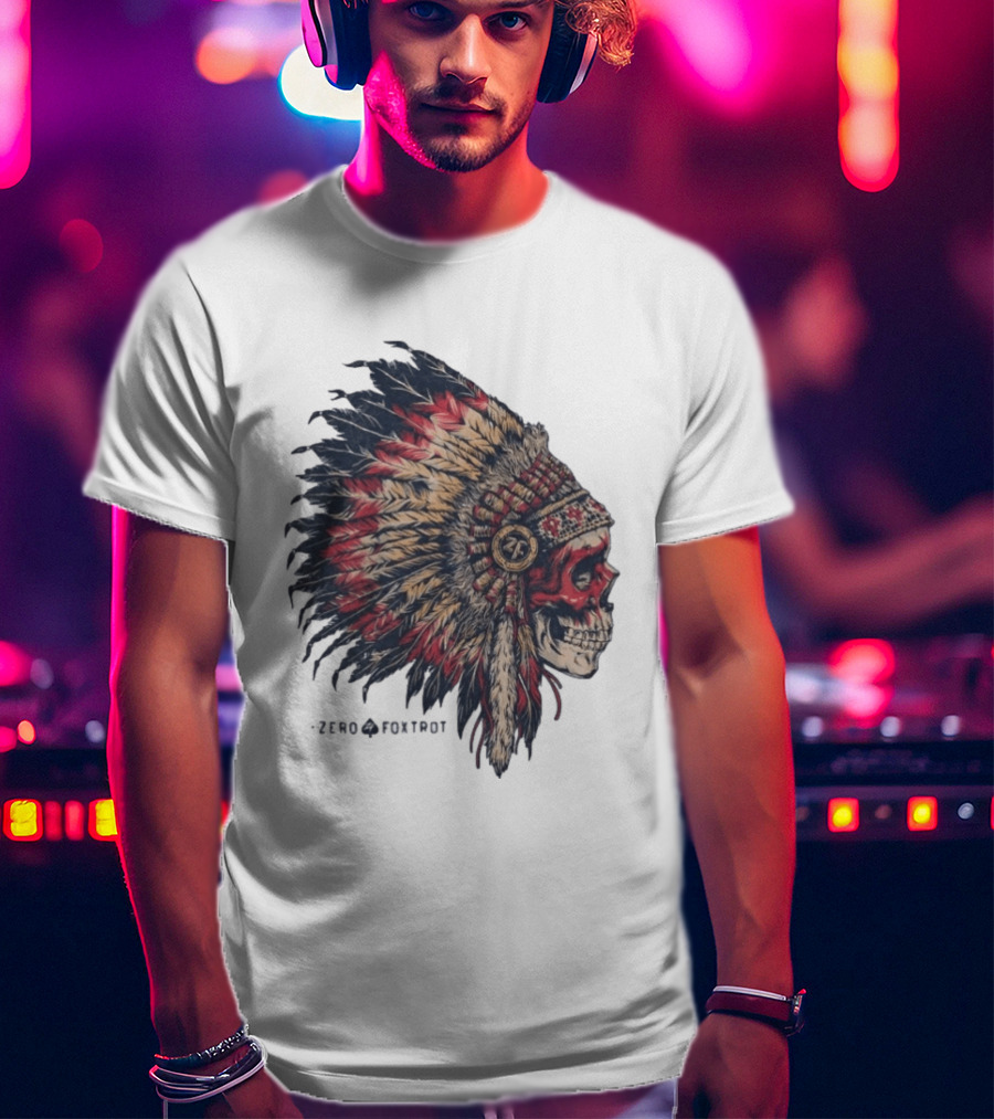 Zero Foxtrot Skull In Feathered Headdress T-Shirt