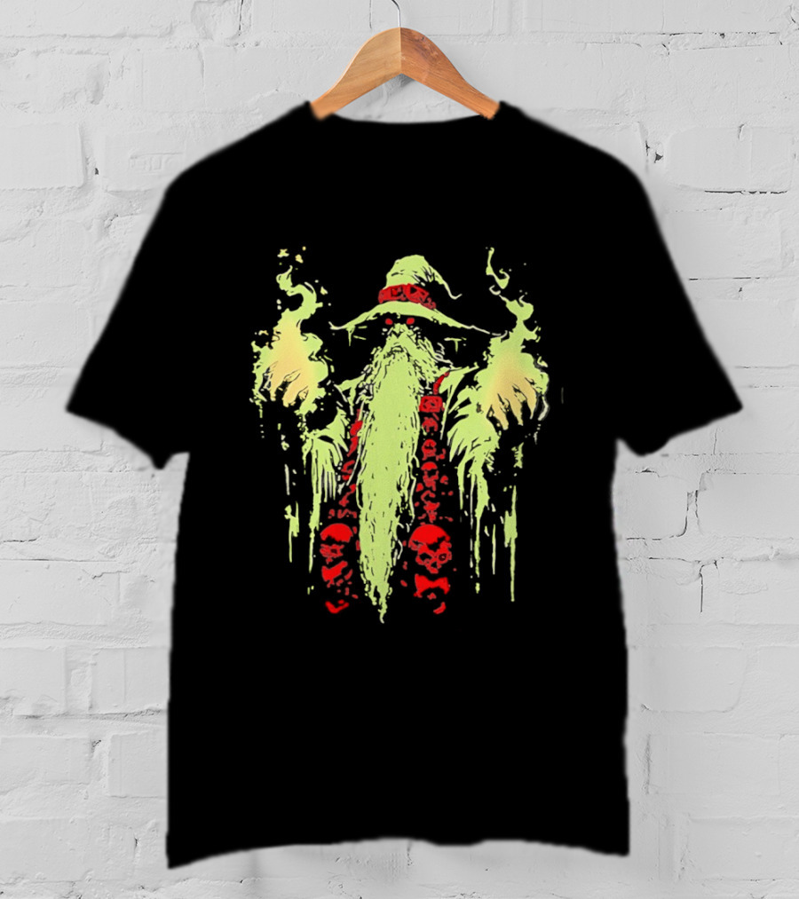 Necromancer Wizard With Glowing Green Fire And Red Skulls T-Shirt