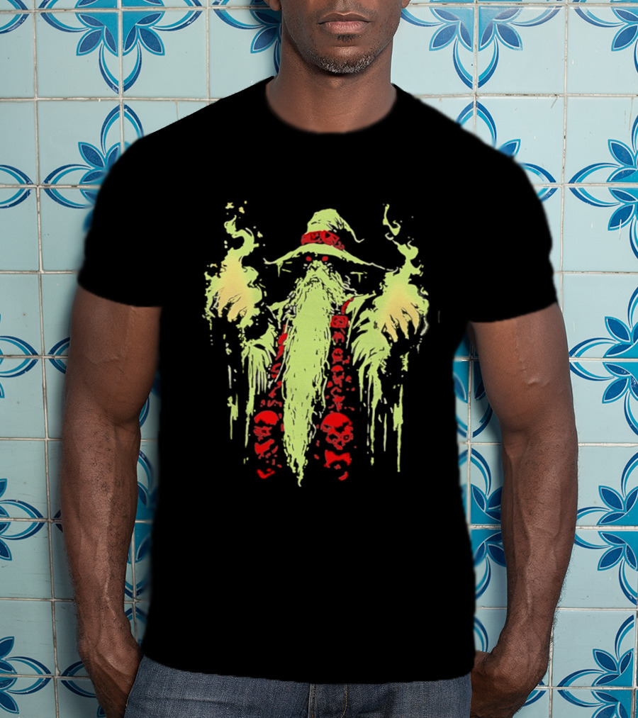 Necromancer Wizard With Glowing Green Fire And Red Skulls T-Shirt