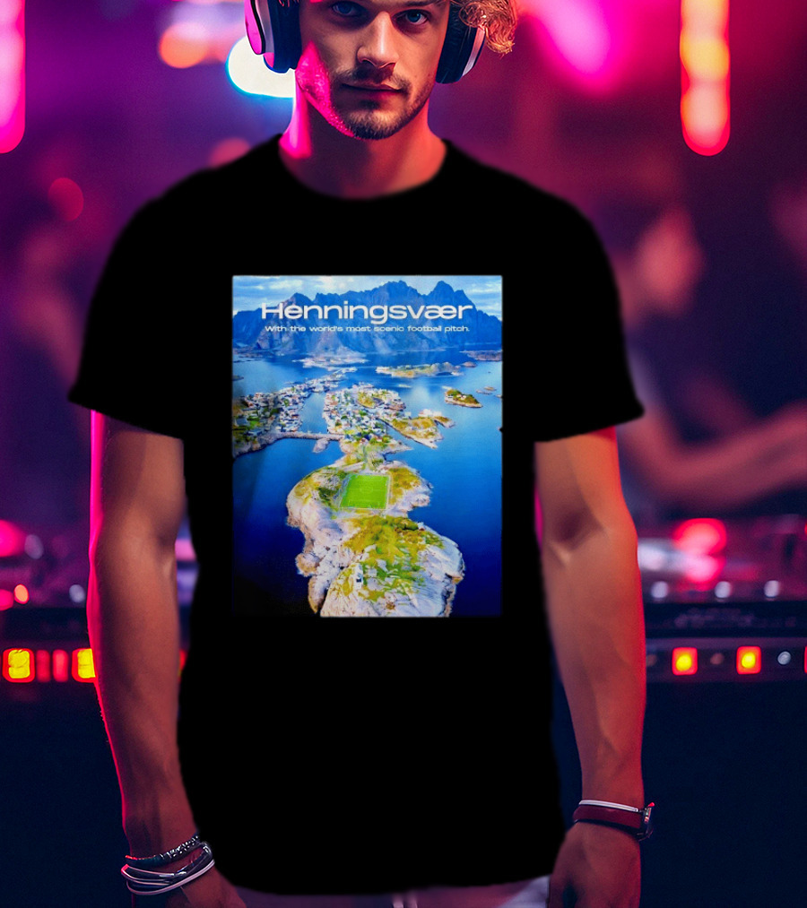 Henningsvaer With The World's Most Scenic Football Pitch Aerial View T-Shirt