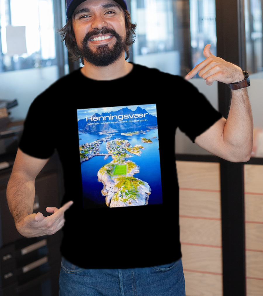 Henningsvaer With The World's Most Scenic Football Pitch Aerial View T-Shirt