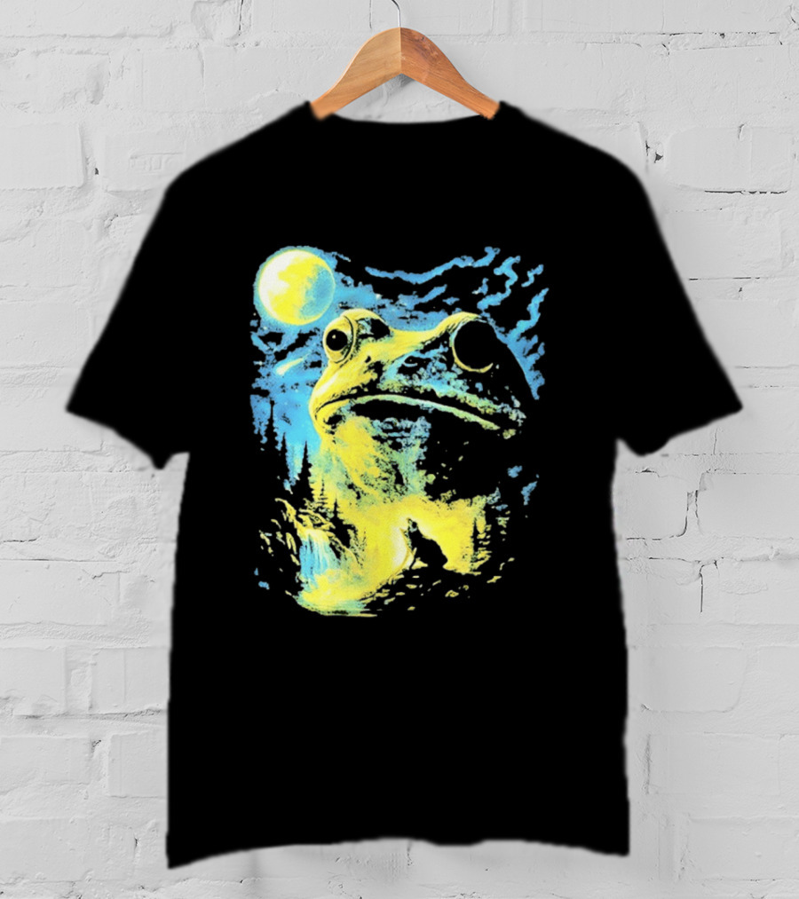 Howling Wolf Frog Moon Night Scene Surreal Fantasy T-Shirt