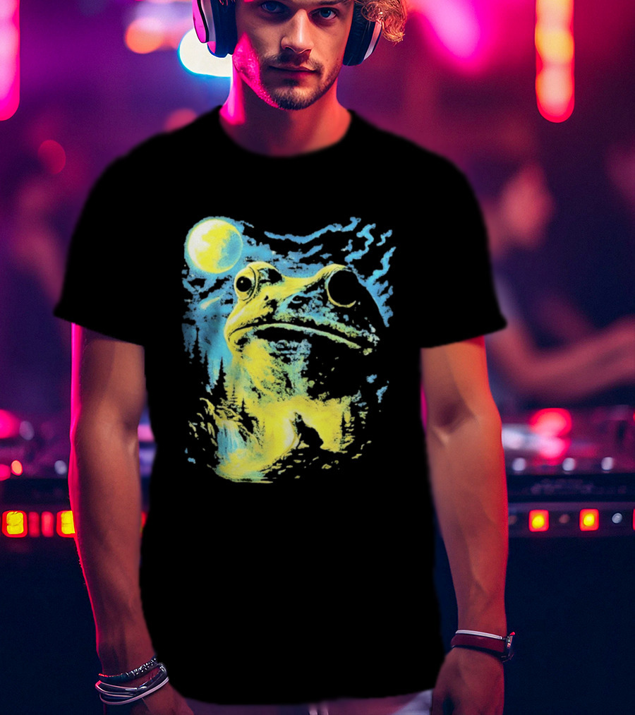 Howling Wolf Frog Moon Night Scene Surreal Fantasy T-Shirt