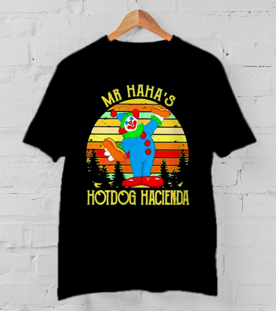 Mr Haha's Hotdog Hacienda Clown In Colorful Costume With Hot Dog T-Shirt