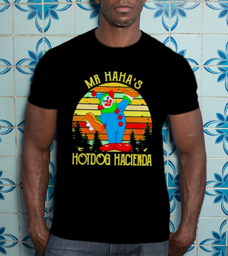 Mr Haha's Hotdog Hacienda Clown In Colorful Costume With Hot Dog T-Shirt