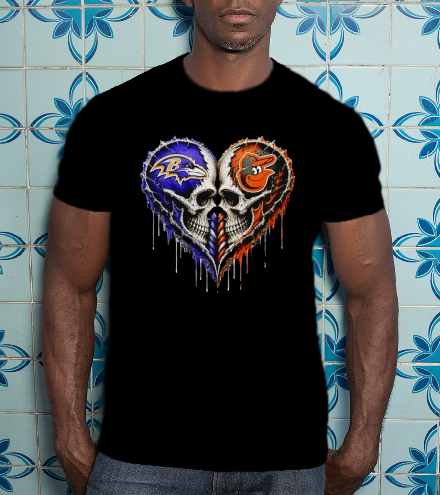 Baltimore Ravens And Baltimore Orioles Skull Heart T-Shirt