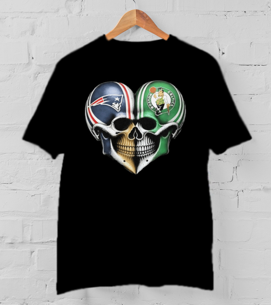 Boston Celtics And New England Patriots Skull Heart T-Shirt