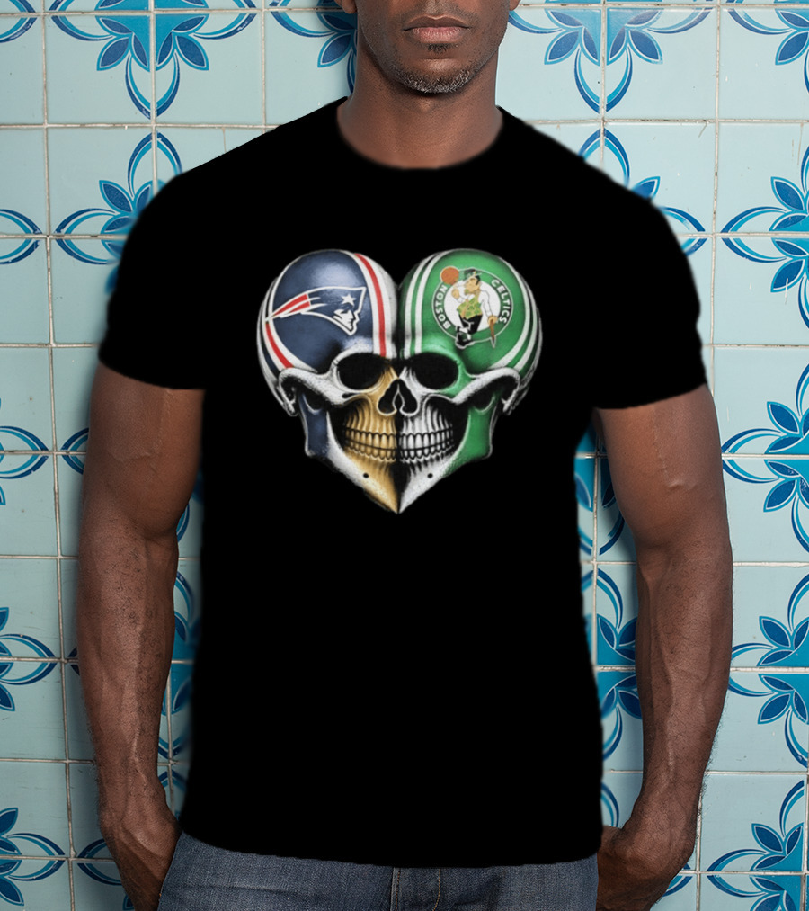 Boston Celtics And New England Patriots Skull Heart T-Shirt