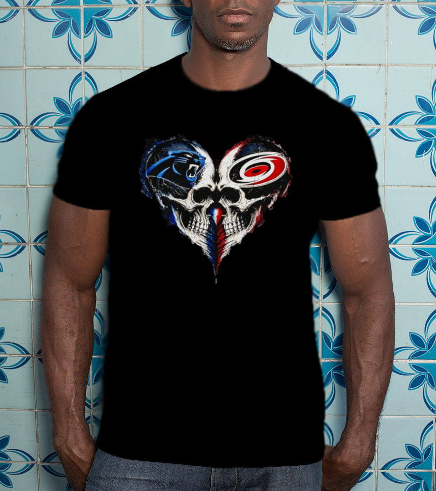 Carolina Panthers And Carolina Hurricanes Heart Skulls T-Shirt
