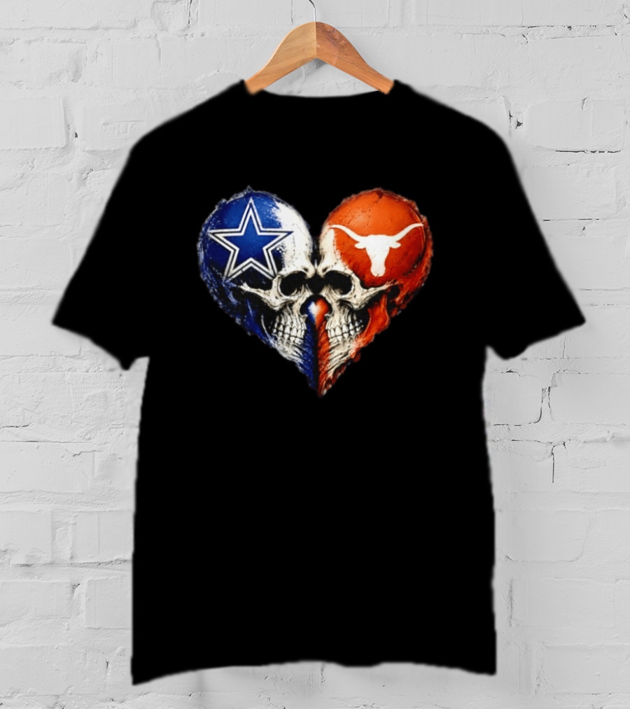 Dallas Cowboys And Texas Longhorns Skulls Heart T-Shirt