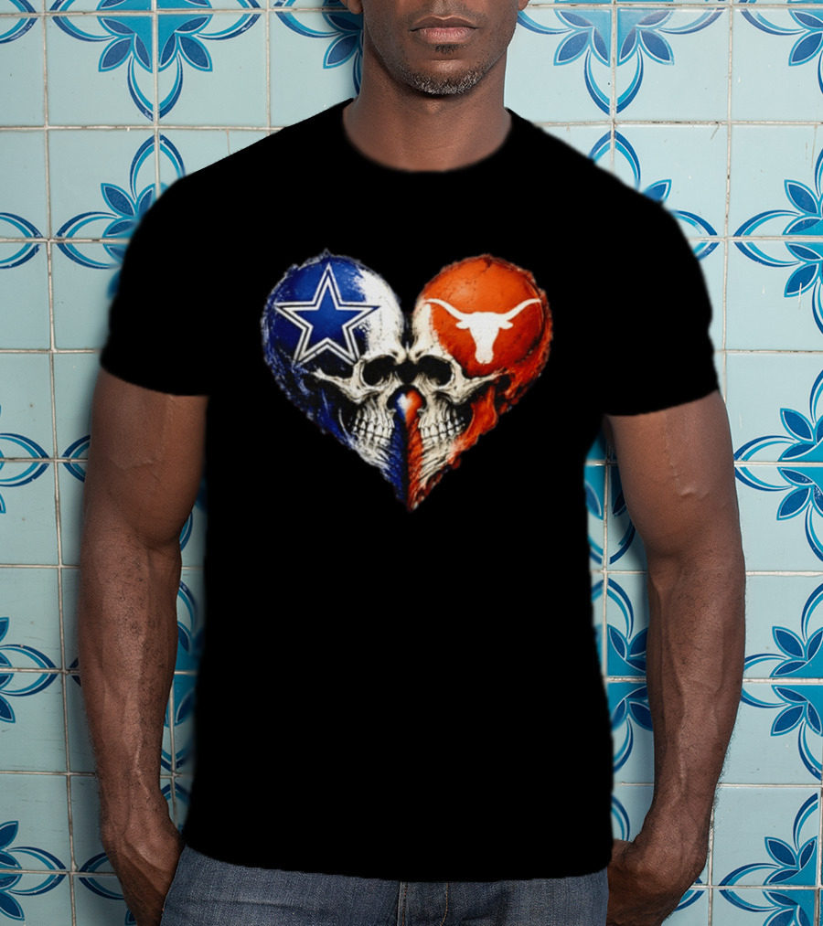 Dallas Cowboys And Texas Longhorns Skulls Heart T-Shirt