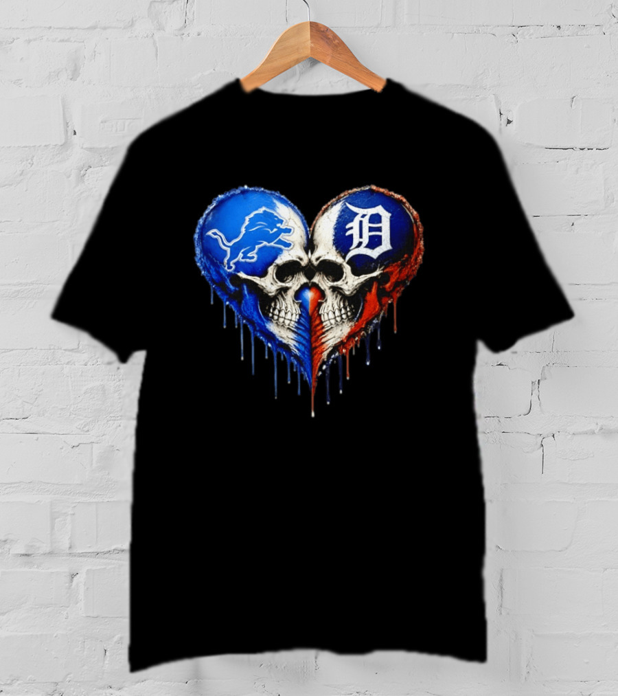 Detroit Lions And Detroit Tigers Skull Heart T-Shirt
