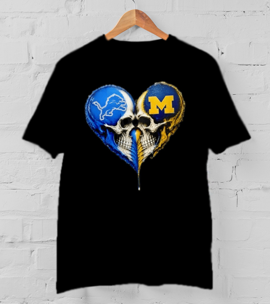 Detroit Lions And Michigan Wolverines Heart Skulls T-Shirt