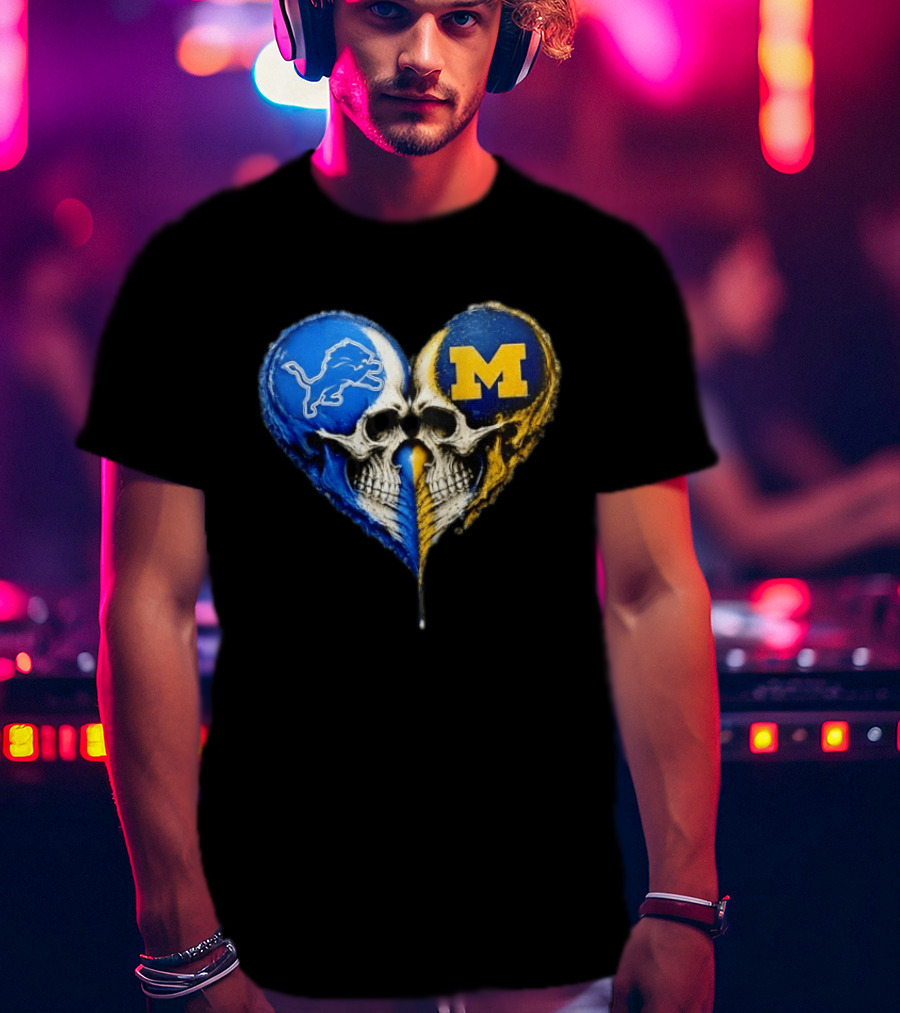 Detroit Lions And Michigan Wolverines Heart Skulls T-Shirt