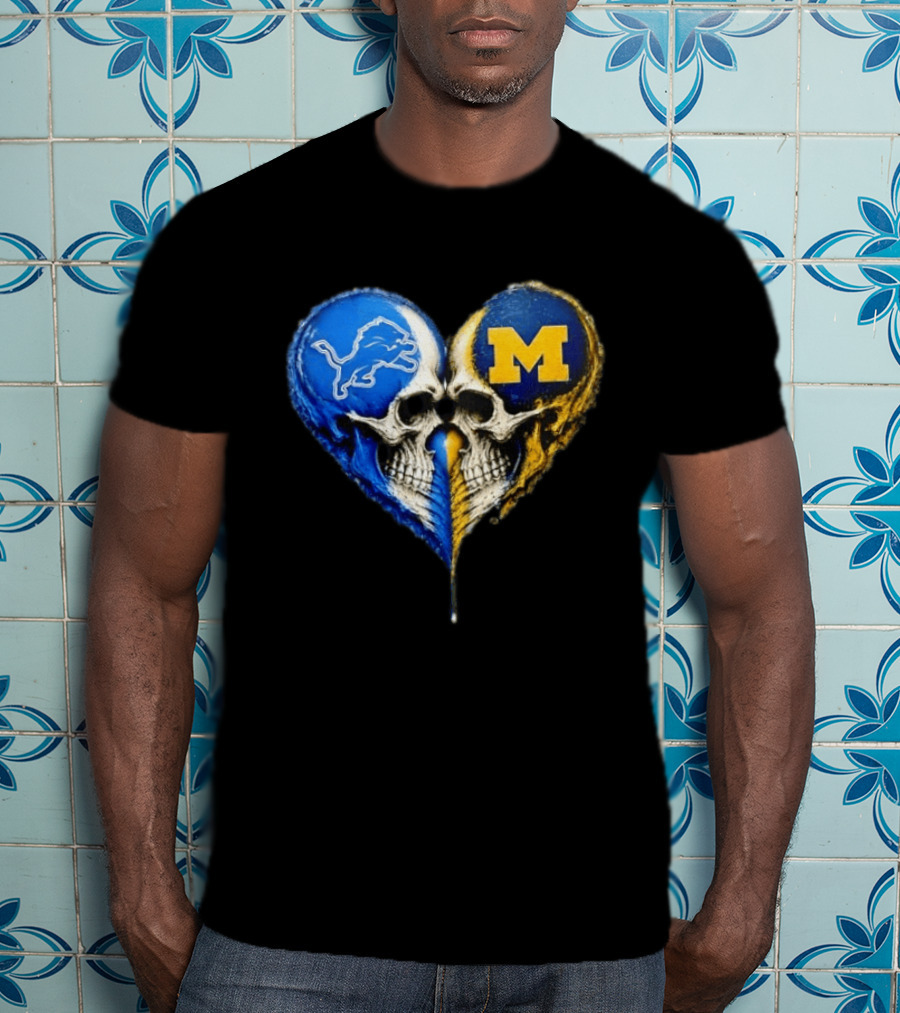Detroit Lions And Michigan Wolverines Heart Skulls T-Shirt