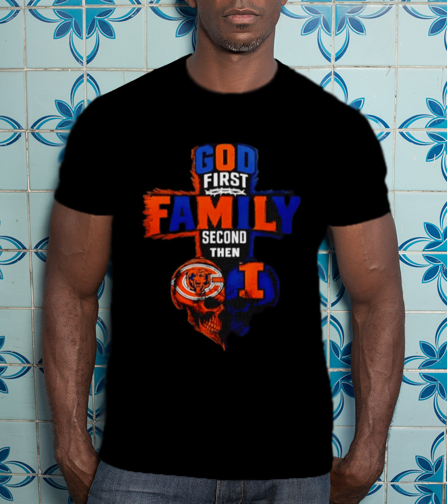 God First Family Second Then Chicago Bears And Illinois Fighting Illini Skull Heart T-Shirt